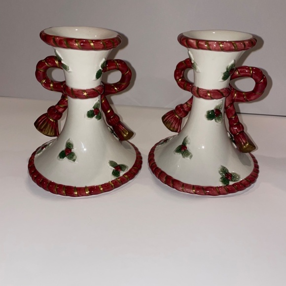 1990s Fitz & Floyd Christmas Bow Ceramic Candlestick Holder (without candles) - Picture 6 of 10